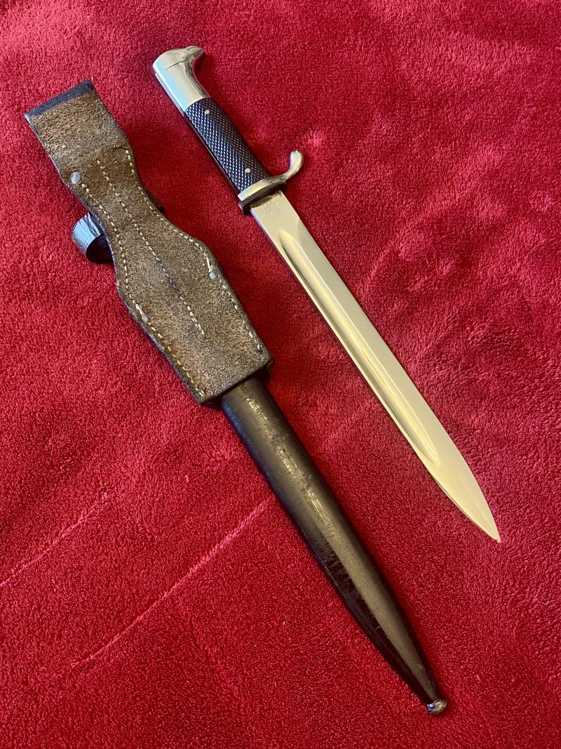 Near Mint Original WW2 German K98 Dress Bayonet with Etched Blade by Eickhorn with Scabbard and Leather Frog