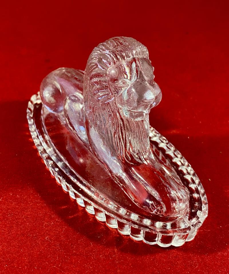 Mint Antique Clear Pressed Glass 'Landseer' Lion Paperweight - John Derbyshire c1870
