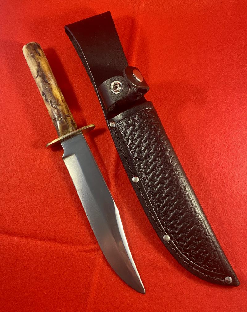 Antique Stag Handled Clip Point Bowie Knife with new Custom made Black Leather Sheath
