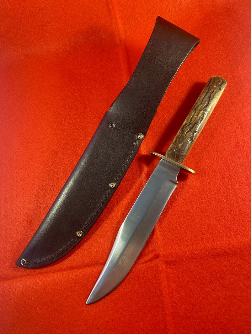 Antique Stag Handled Clip Point Bowie Knife with new Custom made Black Leather Sheath