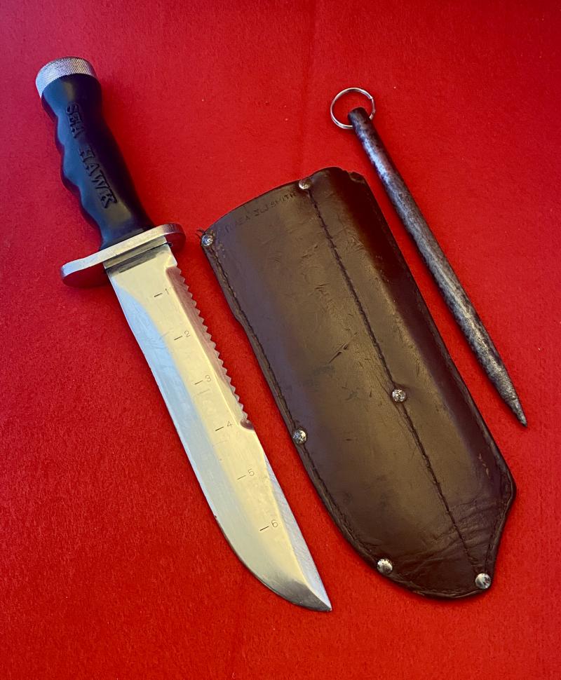 Unusual Combination of a U.S. Divers “Sea Hawk” Divers Knife and Sheffield Sharpening Rod in a Custom made Leather Sheath