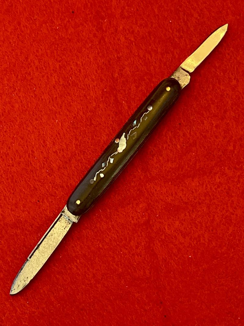 Fine Double-Bladed Penknife with Horn Grip Inset with Silver and Mother of Pearl